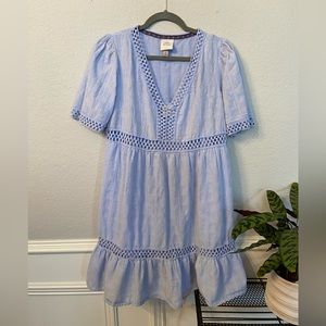 Knox Rose Womens Size Medium Blue Embroidered V Neck Lagenlook Tiered Dress